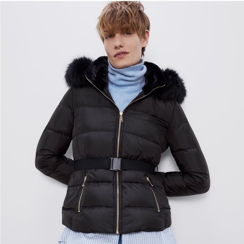 NWT Zara Belted Black Puffer Puff Jacket With Removable Faux Fur Hood